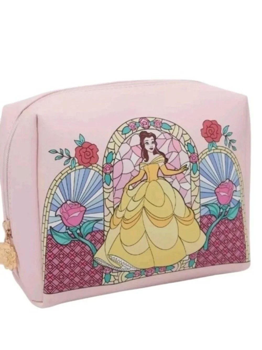 Disney Beauty and the Beast Pink Stainglass Belle Makeup Bag Cosmetic Case NWT